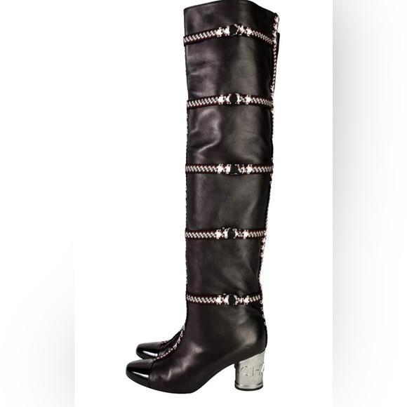 💯Vintage CHANEL Black Lambskin Leather Tweed Heel Thigh High Boots - Picture 2 of 8